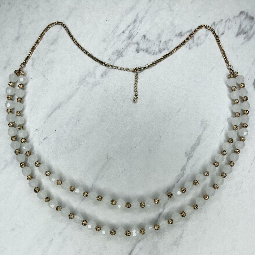 Gold Tone Beaded Double Strand Long Necklace